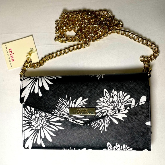 NEW Trina Turk Floral Black Crossbody Trifold Wallet Envelope Clutch Gold Chain - Picture 1 of 14